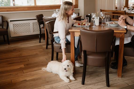 Frau mit Hund im Hotelrestaurant vom Hotel Das Eisenberg