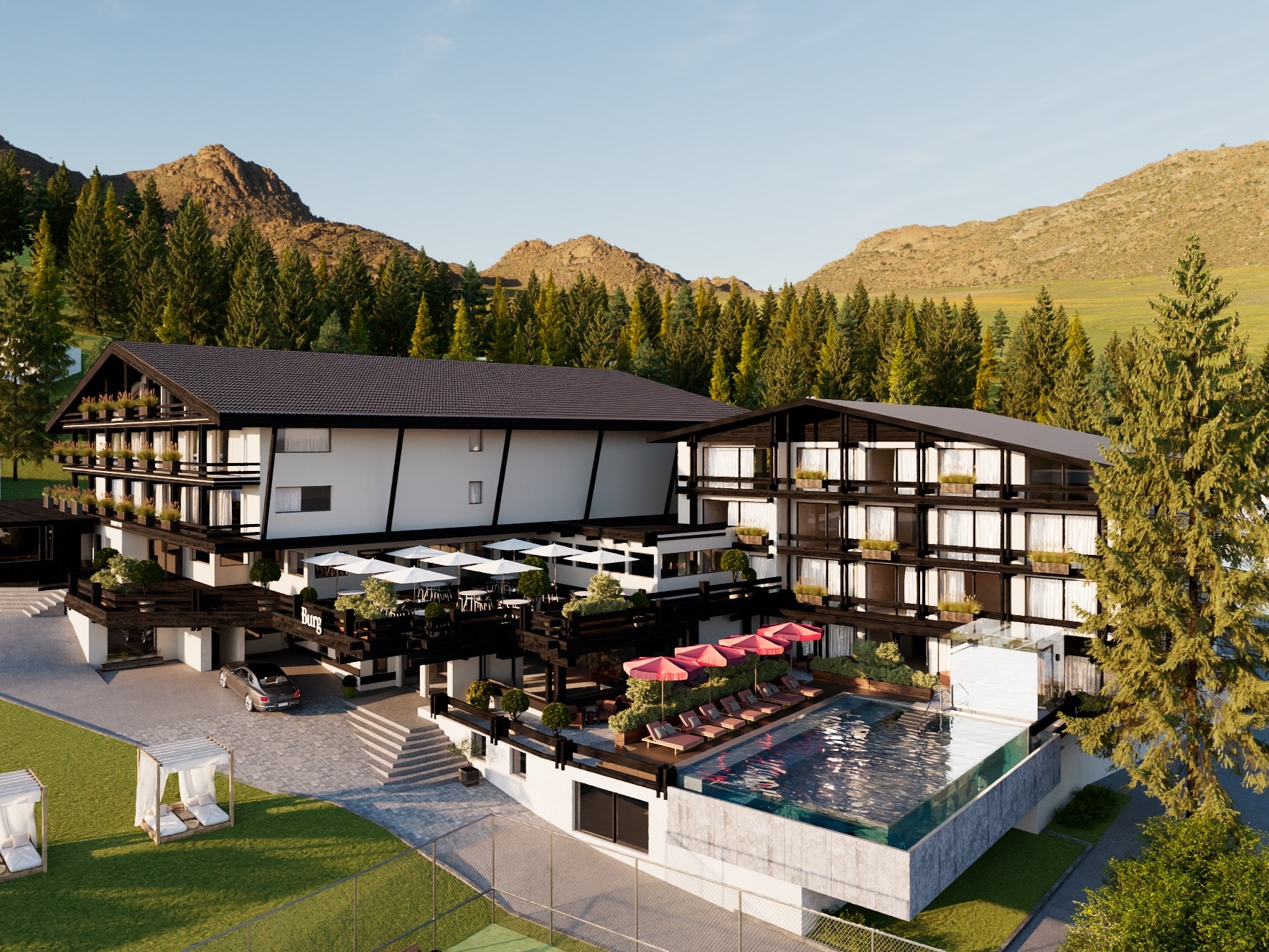Wellnesshotel - Burg Hotel Lech Außenansicht mit Infinity-Pool - Burg Hotel