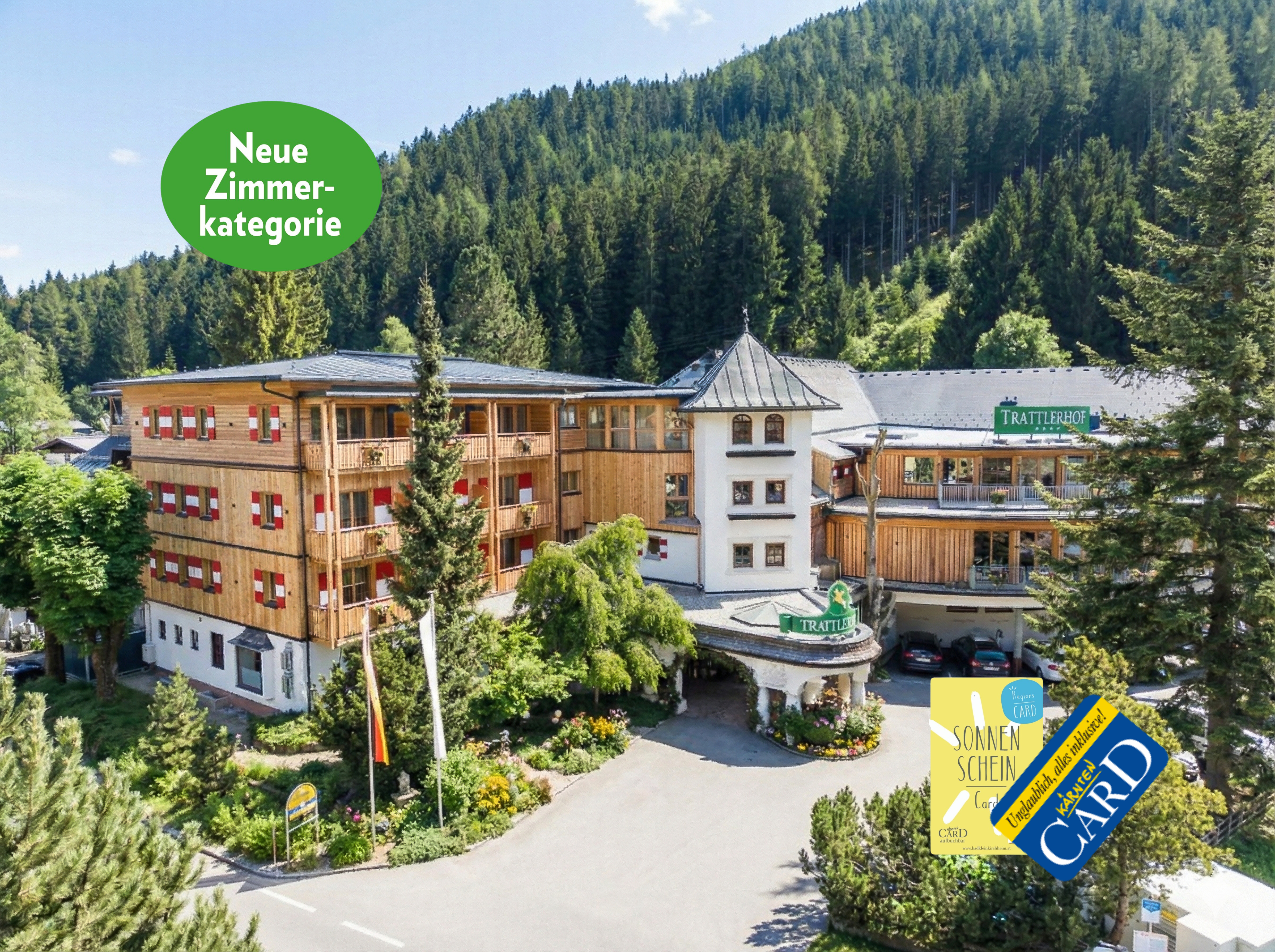 Wellnesshotel - Außenansicht Hotel Sommer - neue Zimmerkategorie - Kärnten & Sonnenschein Card - Hotel GUT Trattlerhof & Chalets****S