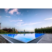 Wellnessurlaub: Infinity-Außenpool im großzügig angelegten Wellnessgarten mit Panoramablick  - Landrefugium Obermüller | SPA & Naturresort | 360 ° Glück | 4,5 Sterne
