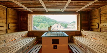 Wellnessurlaub - Pools: Infinity Pool - Bayern - Blick von der Außensauna (90°C) durch die große Panoramascheibe ins Leinleiter Tal - Landhaus Sponsel-Regus