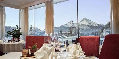 Wellnessurlaub - Wassergymnastik - Bayern - Unsere Tische im Restaurant PANORAMA mit Ausblick auf die Berge. - Hotel EDELWEISS Berchtesgaden