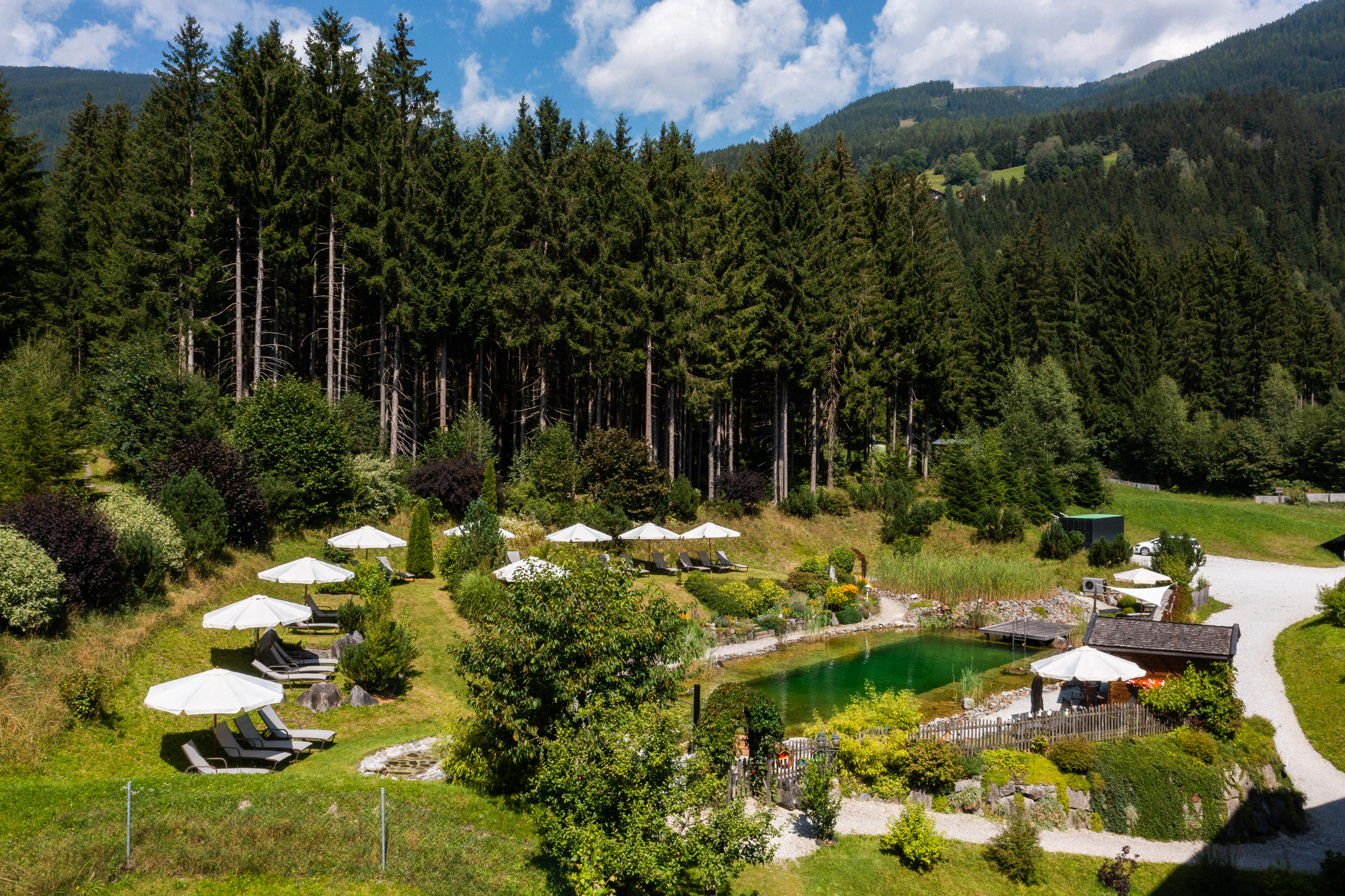 Wellnesshotel: Liegewiese mit Naturbadeteich und angrenzendem Wald - Hotel Hubertus