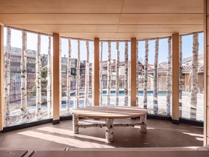 Wellnessurlaub - Klassifizierung: 4 Sterne - Bischofsmais - Birkensauna mit Panorama-Glasfront  - Hotel Zum Kramerwirt