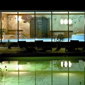 Wellnesshotel: Blick vom Wellnessgarten ins Schwimmbad - Hotel Hammermühle